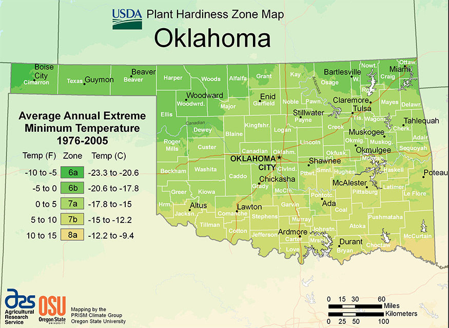 Mapa de la zona de rusticidad del USDA de Oklahoma