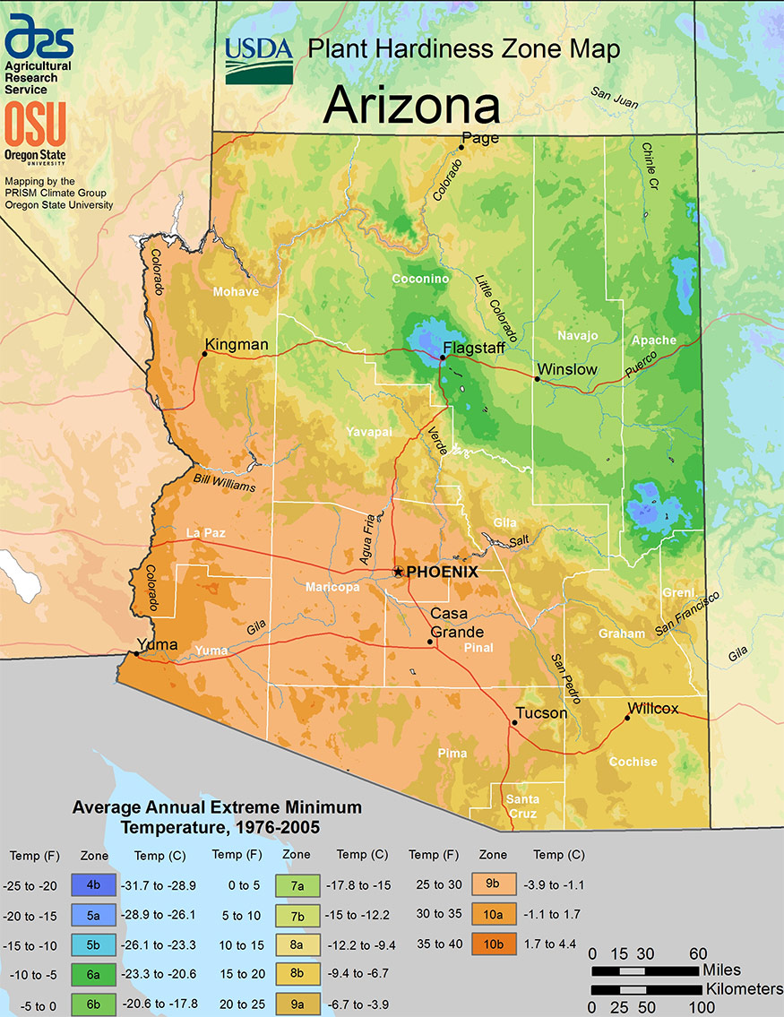 Mapa de la zona de rusticidad de las plantas del USDA de Arizona