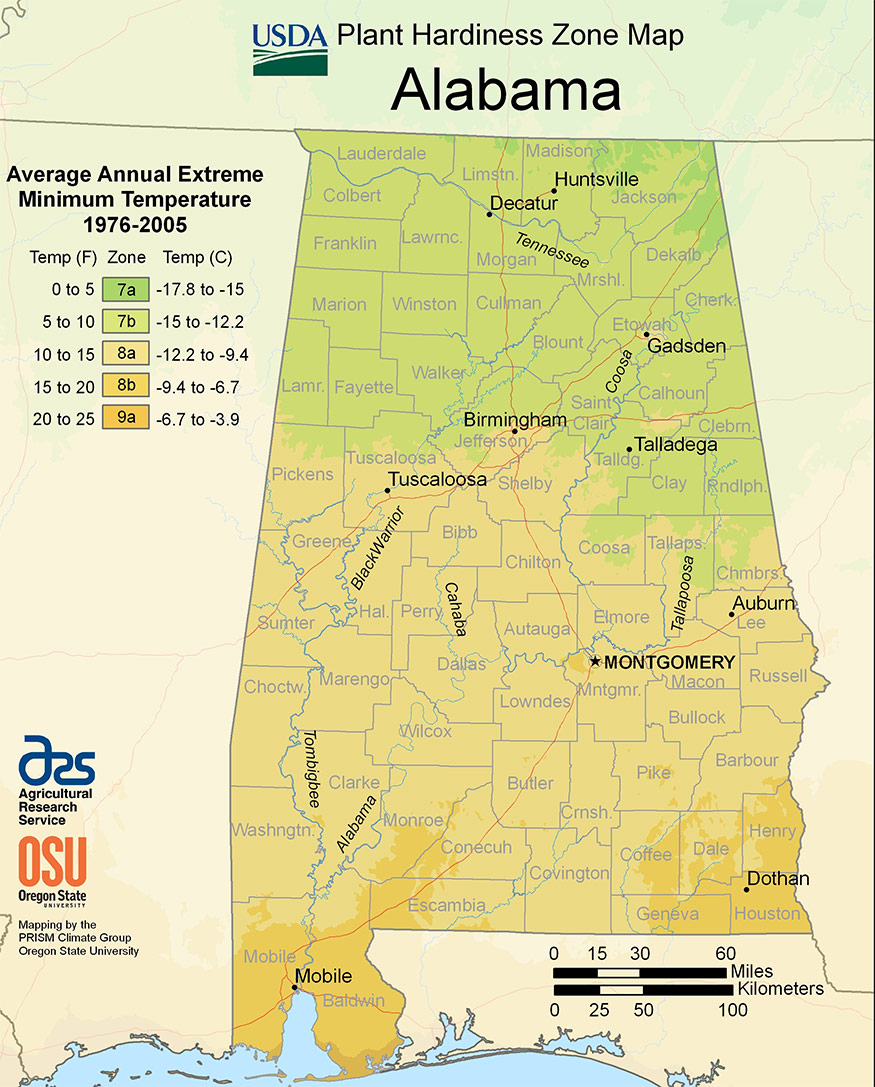 Zonas de rusticidad de plantas del USDA de Alabama